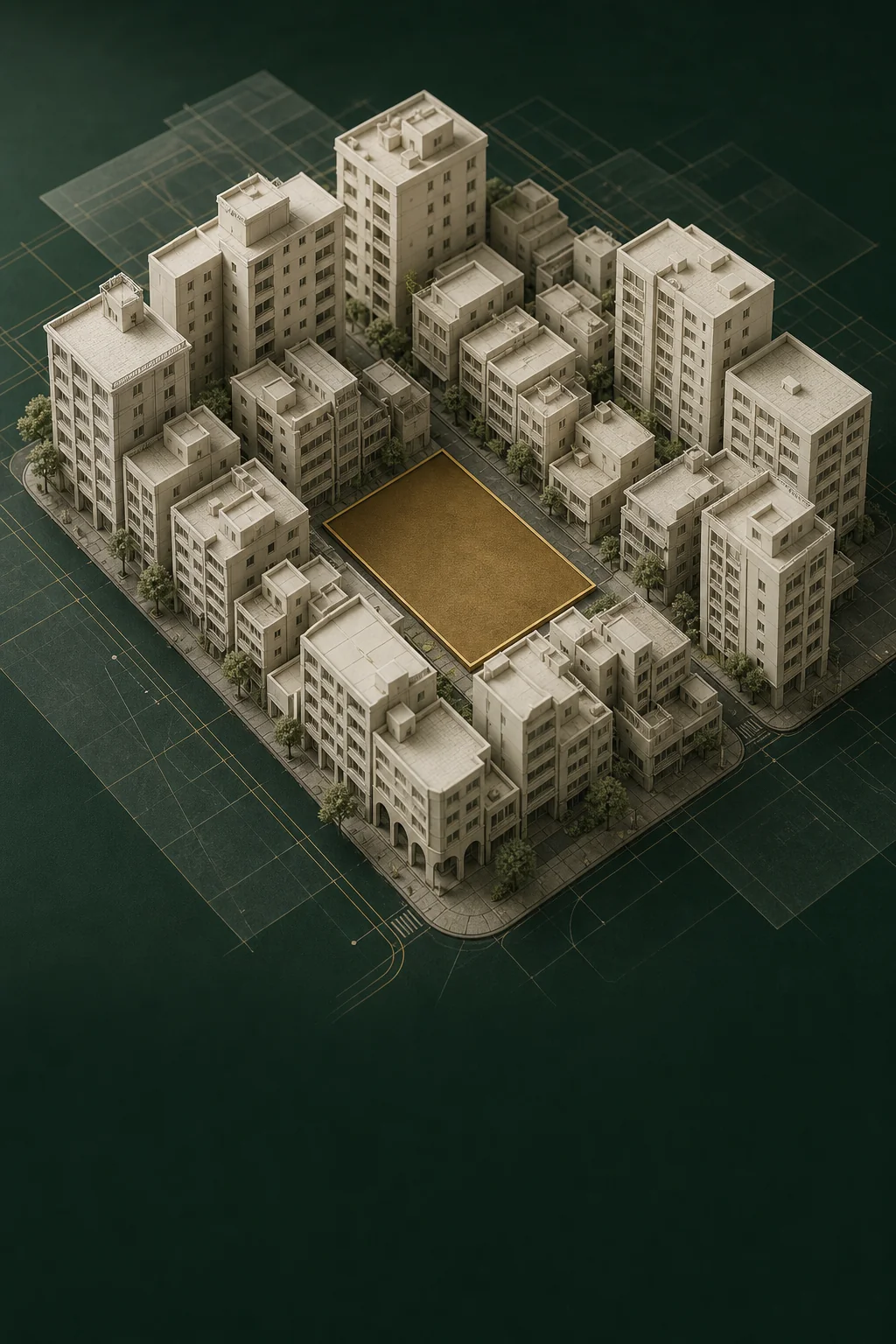 Concept illustration of a city block with a highlighted building site